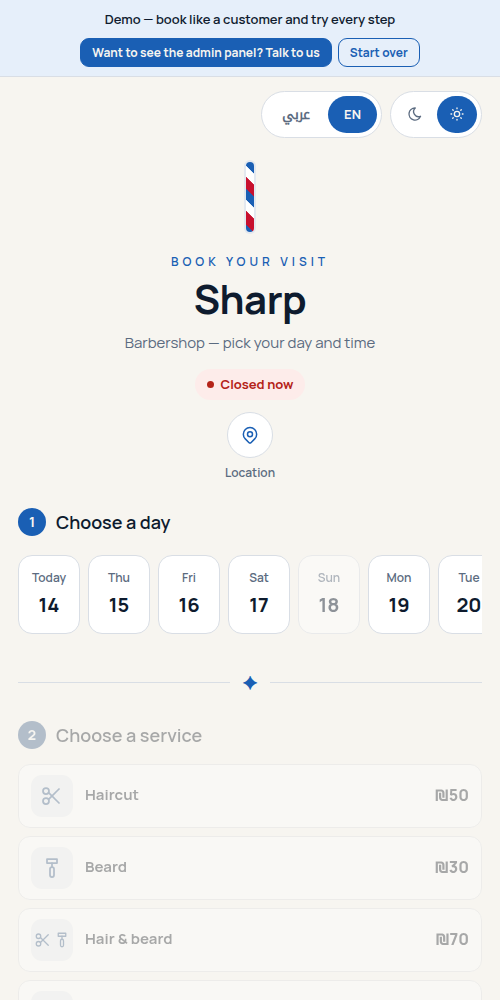 A barbershop booking page on a phone: “Closed now”, with day and service selection